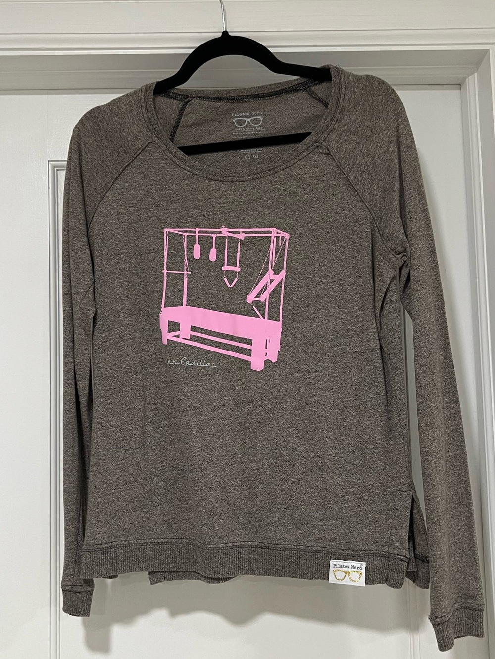 Women's Long Sleeve Tee in Charcoal with Pink Graphic